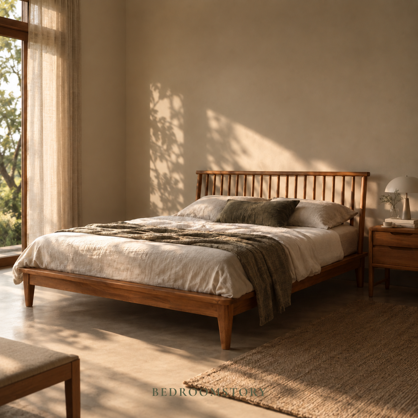 ห้องนอนสไตล์ Mid-Century Modern พร้อมเตียงและเฟอร์นิเจอร์ไม้สัก