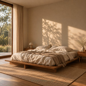 เตียงไม้สักดีไซน์เรียบง่ายในห้องนอนโทนอบอุ่น สะท้อนแนวคิด Timeless Design